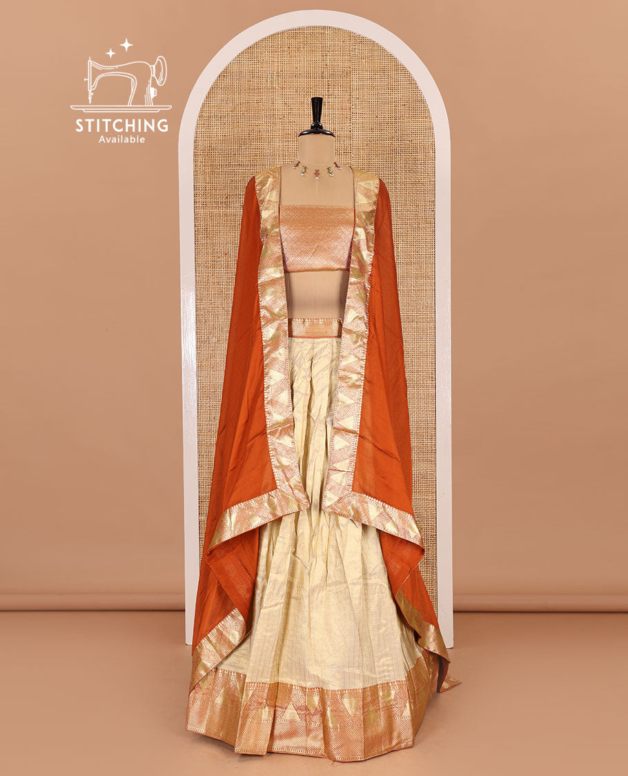 Chikku and rust half-saree, zari checked with contrast traditional zari bordered banarasi skirt, jacquard blouse, and a contrast zari bordered syska georgette dhavani