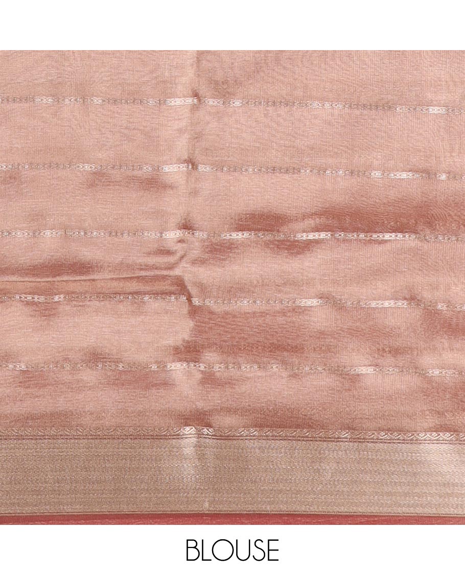 Brown striped semi tissue saree with contrast zari border