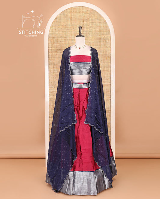 Rani pink-navy blue taffeta silk half-saree, plain & contrast temple & kathir boder skirt, matching blouse & contrast stonework scallop border syska georgette dhavani
