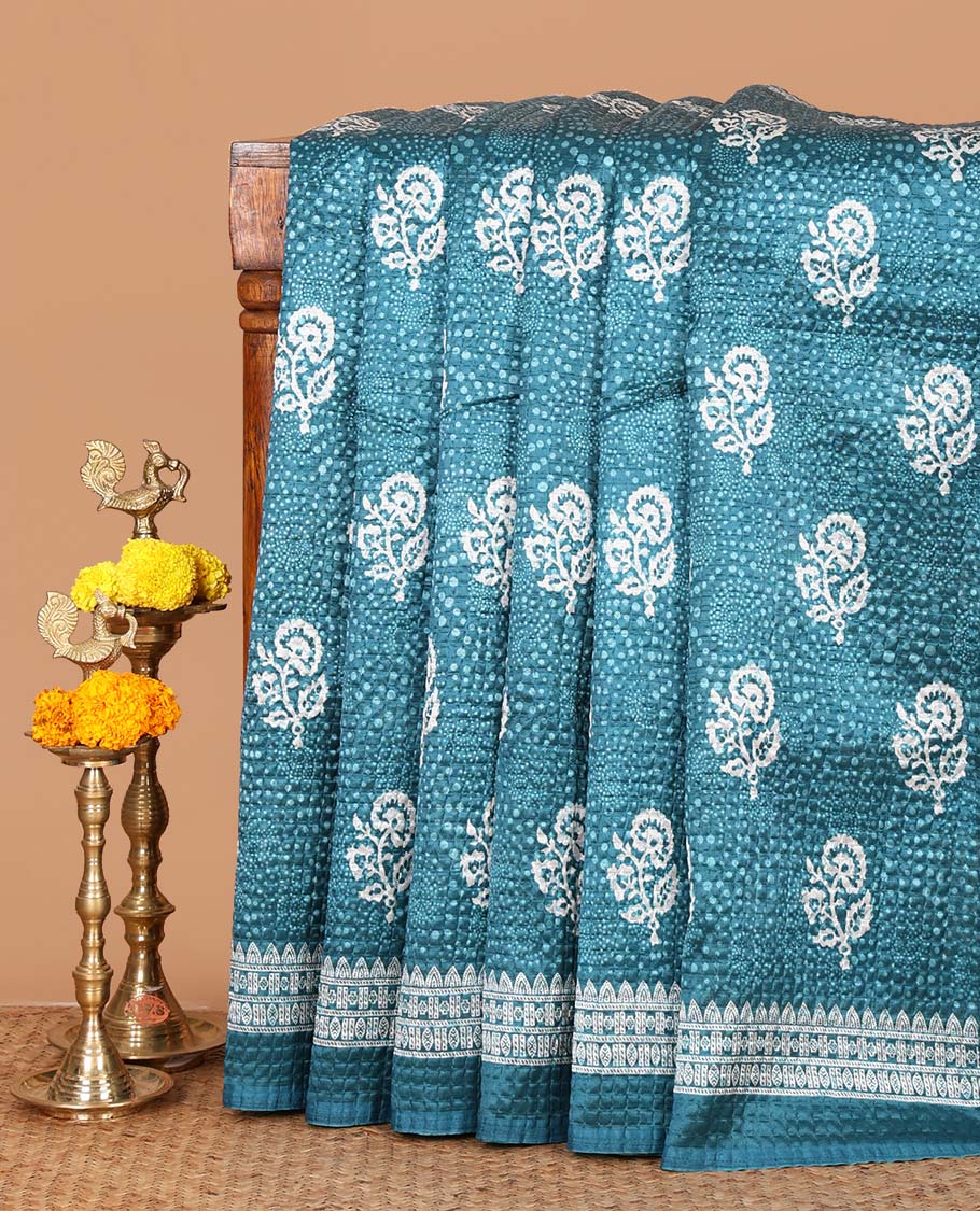 Blue floral printed litchi crushed saree, geometric printed border, floral-geometric printed pallu & triangle motif printed blouse