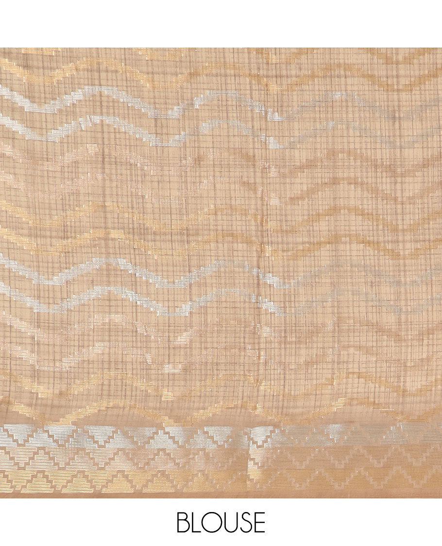 Brown all over checked printed with zari buttas, antique jacquard zari design border & rich zari design pallu