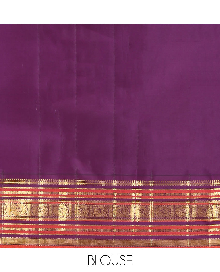 White Kanchipuram Silk Saree, Enthralled with Zari Buttas, a Contrast Korvai Border of Rekku, Muthu, Banaras, Poun, Mayil, Kathir, and Mayil Kann, Grand Pallu, and a Contrast Blouse
