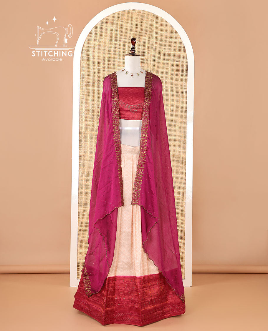 Cream banaras softy half-saree, brocade skirt, contrast traditional border, brocade blouse & stonework scallop georgette dhavani