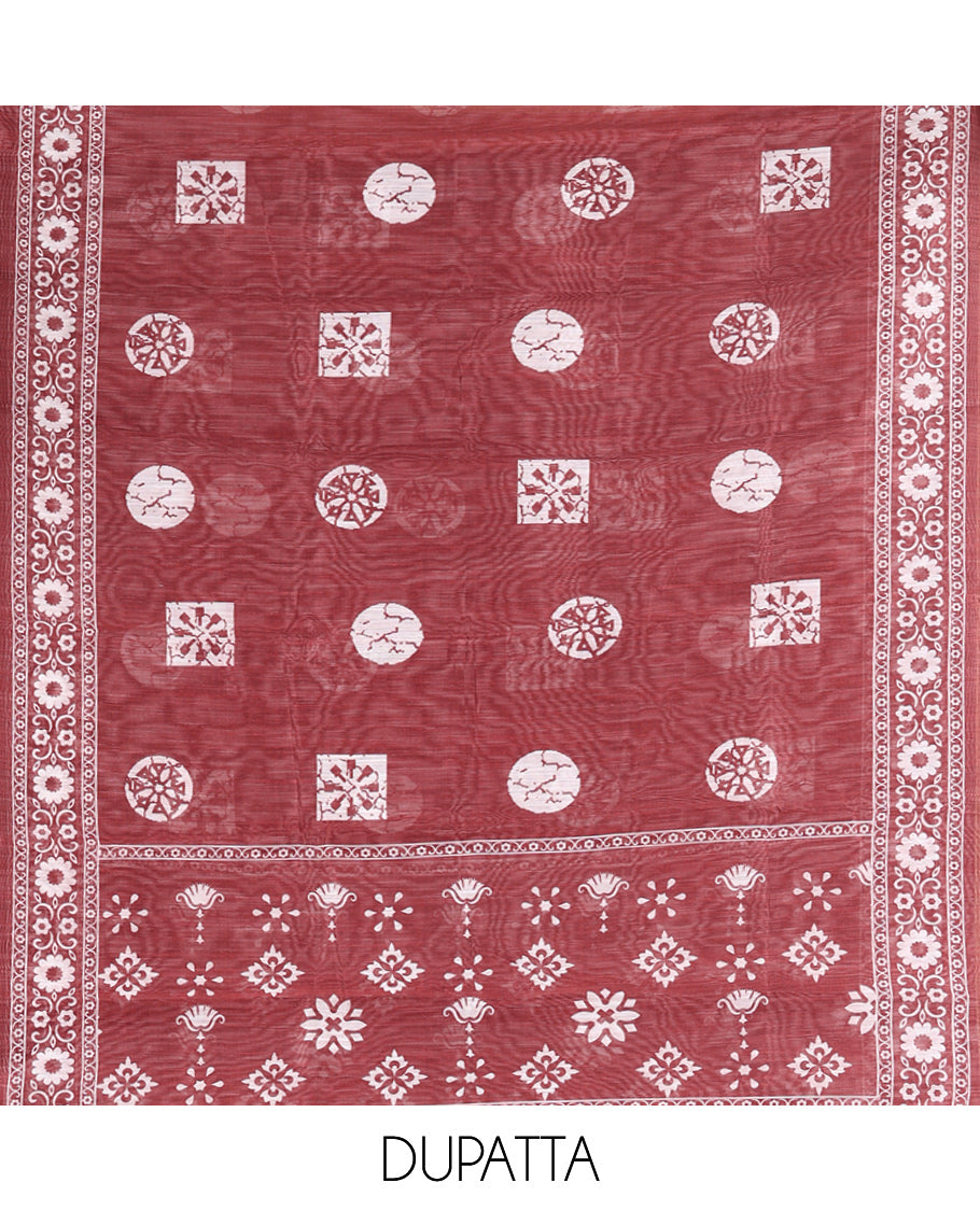 Wine Chanderi Material Chudidar Features Batik Printed Top, a Matching Bottom, and Batik Printed Dupatta