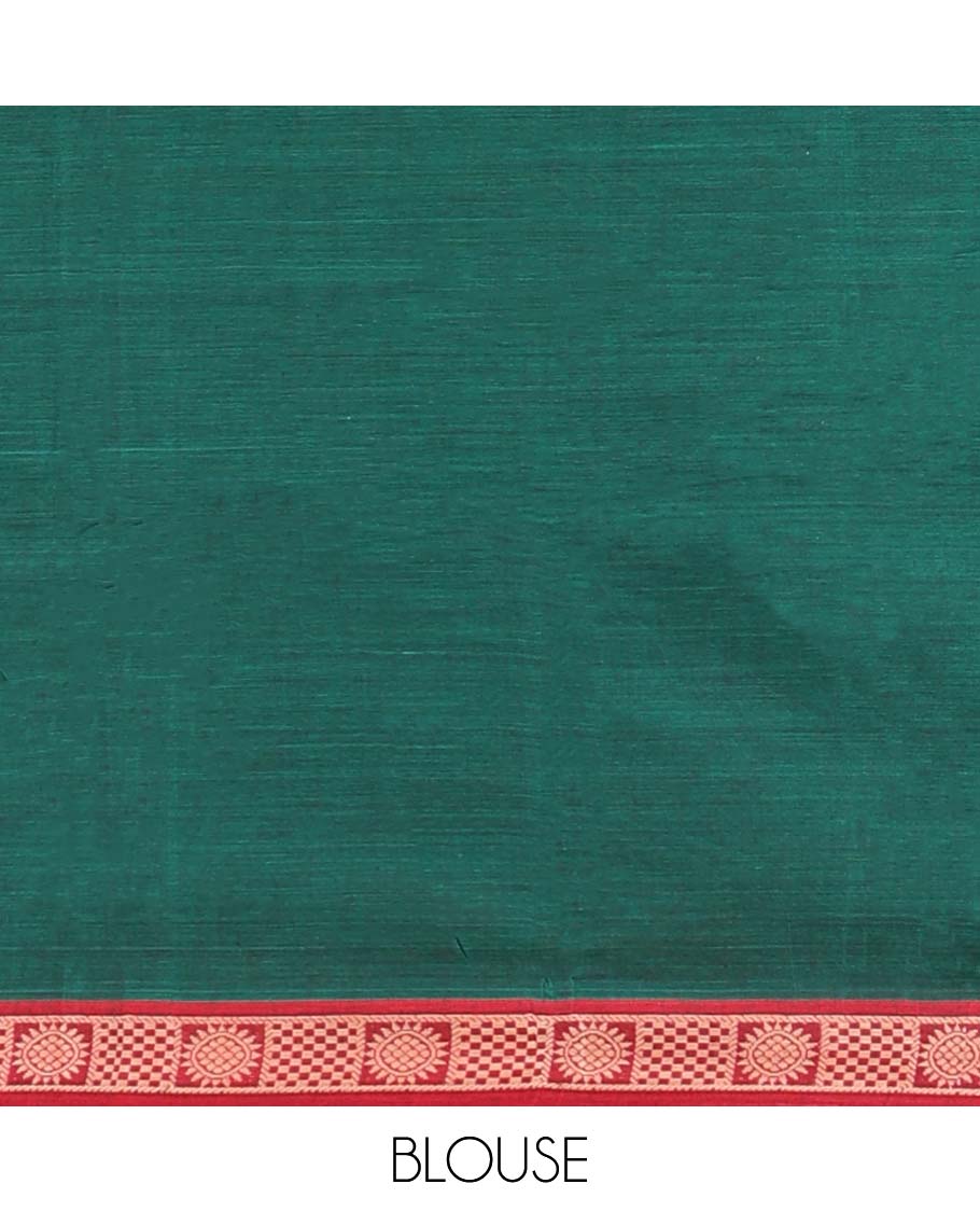 Green plain Narayanapet cotton saree, contrast chakram and bentex design border & striped pallu