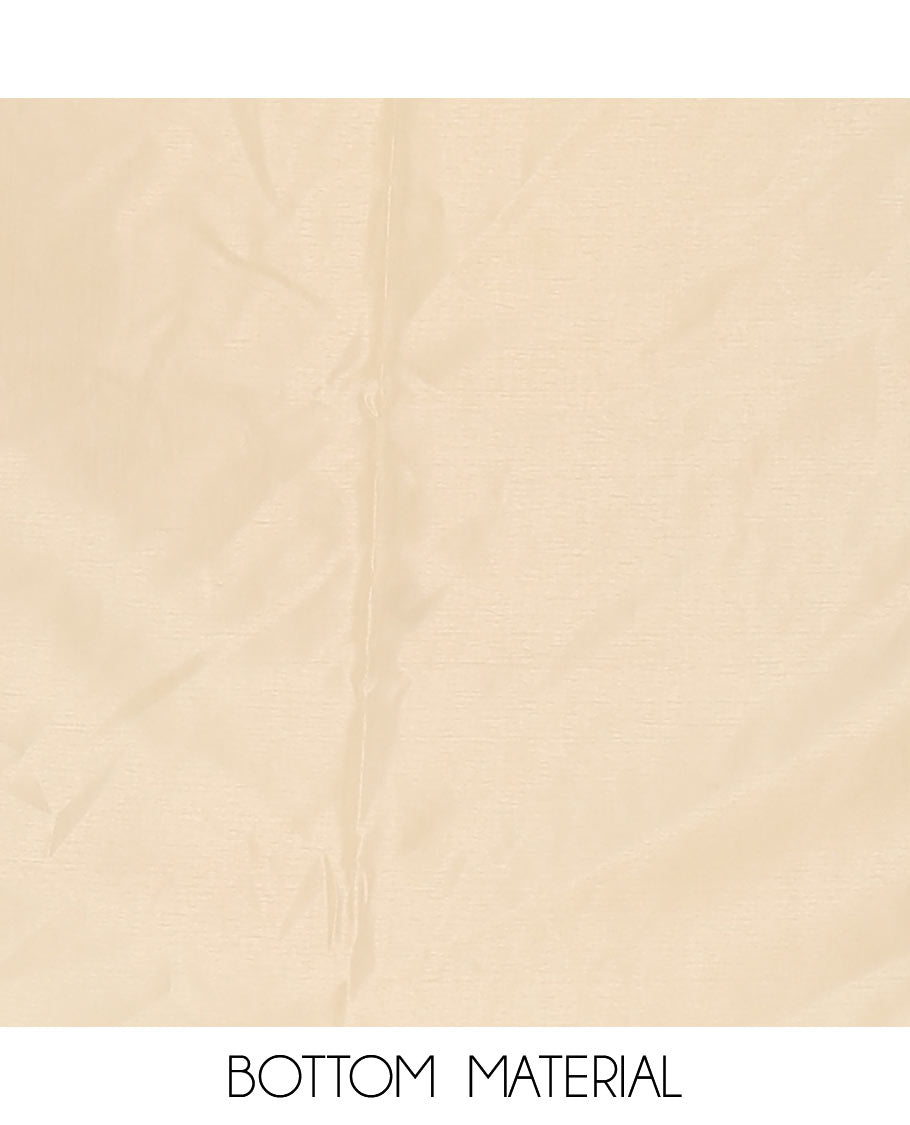 Kerala cream chudidar material, zari buttas & leaf motif taffeta silk top, plain cream santoon bottom & leaf zari designs dupatta