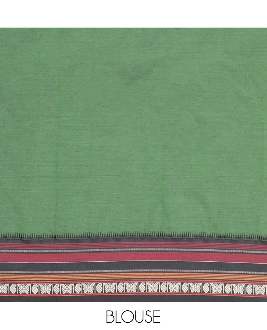 Green Plain Narayanpet Cotton Saree, Complemented by a Contrast Traditional Thread Border, Pallu Steeped with Stripes, and a Matching Blouse