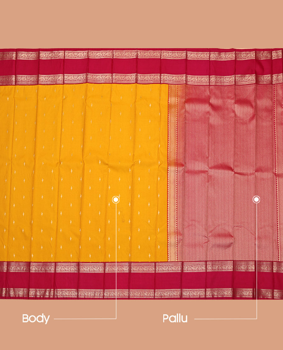 Yellow Budget Silk Saree, Subtly Sparkled with Zari Buttas on Its Body, Complemented by a Contrast Traditional Zari Design Rettai Pettu Border, Grand Jaal Pallu, and Paired with a Contrast Blouse