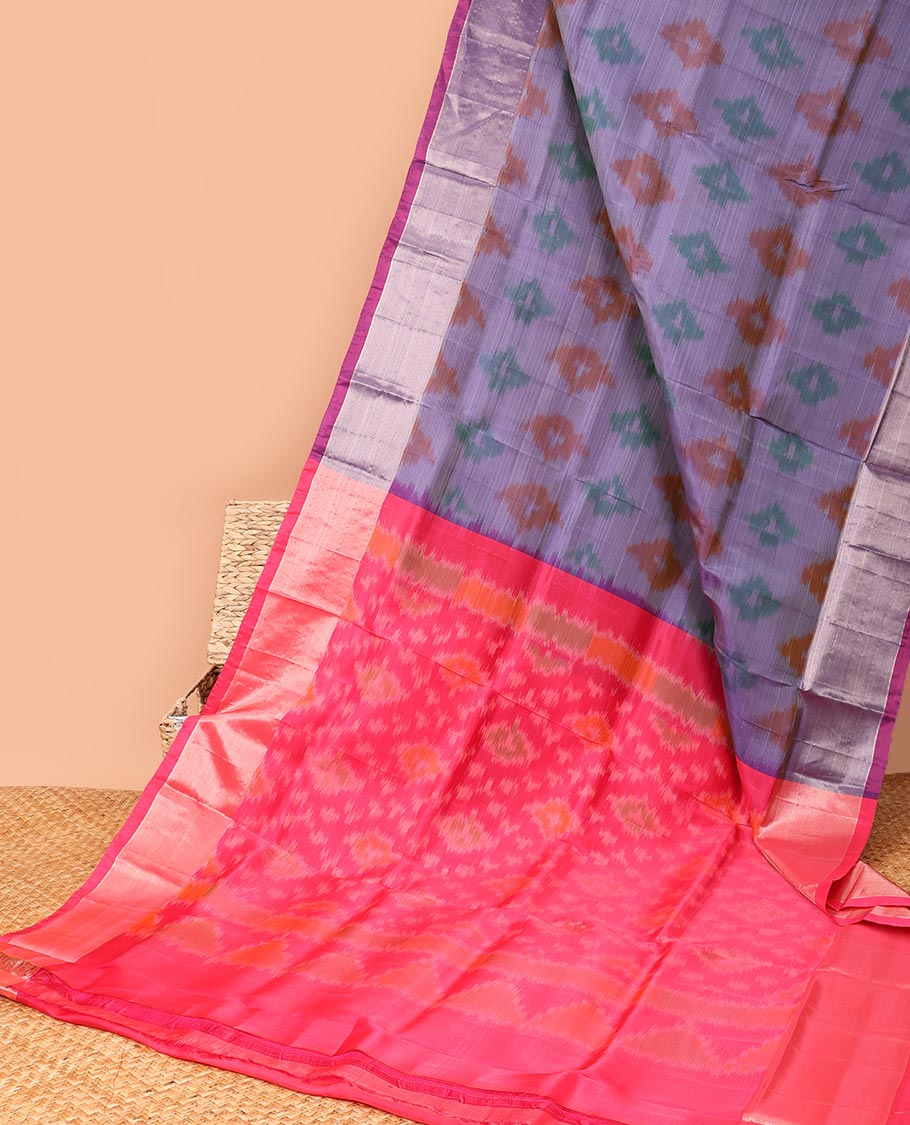 Purple ikkat motifs semi-uppada saree with contrast zari border & argyle design pallu