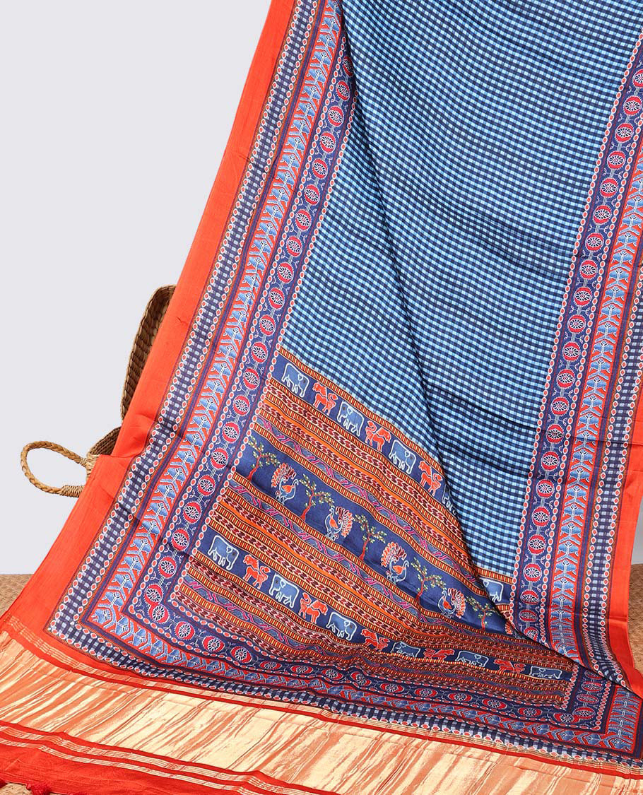 Blue checked design semi-banaras printed saree with contrast geometric border & animal, geometric design pallu