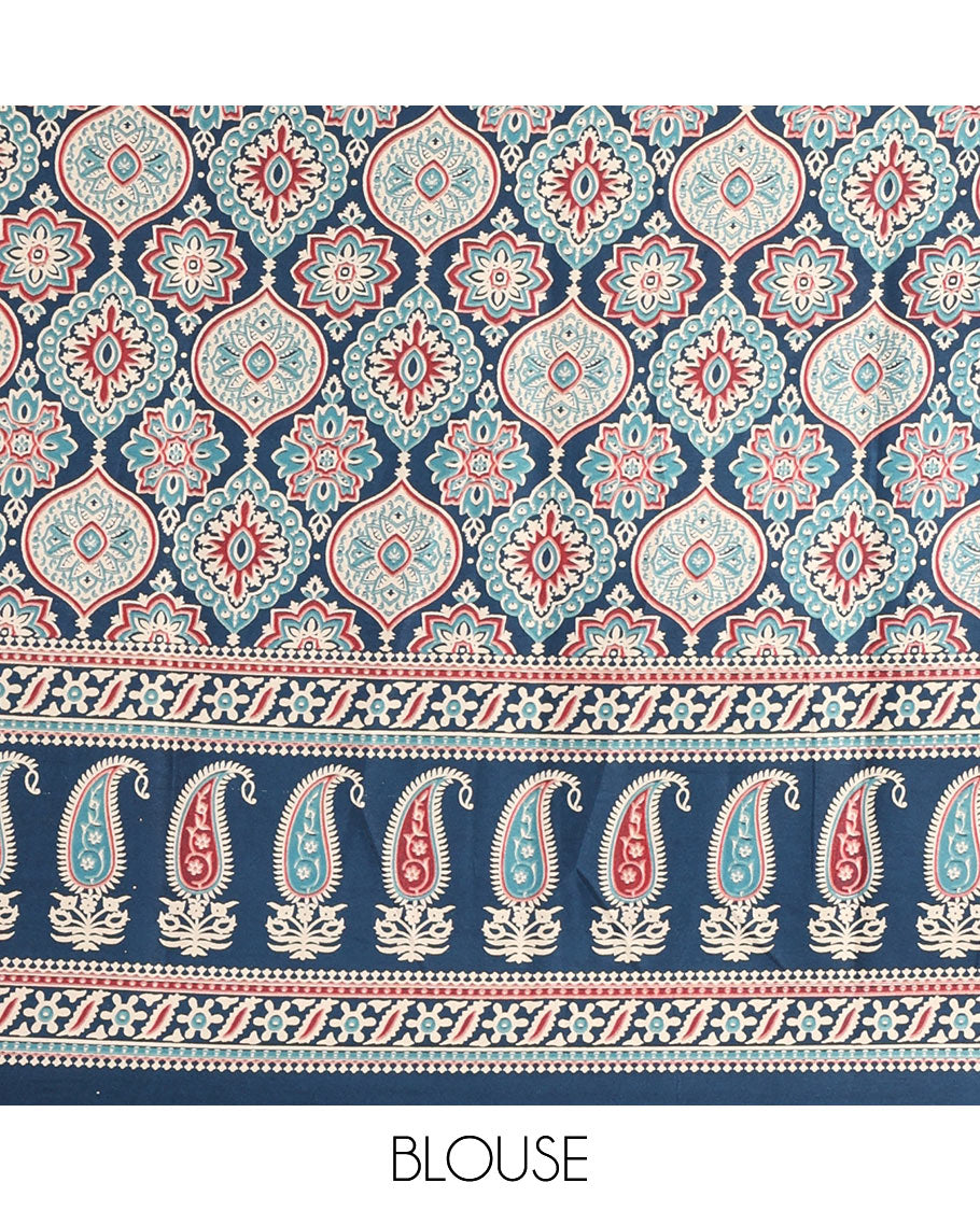 Blue plain gajji silk saree with ajrak printed border, ajrak printed geometric pallu, and printed blouse