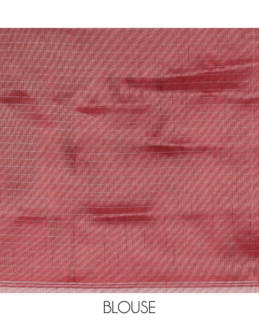 Maroon zari checks linen slub saree with zari piping border & lining pallu along with brocade blouse