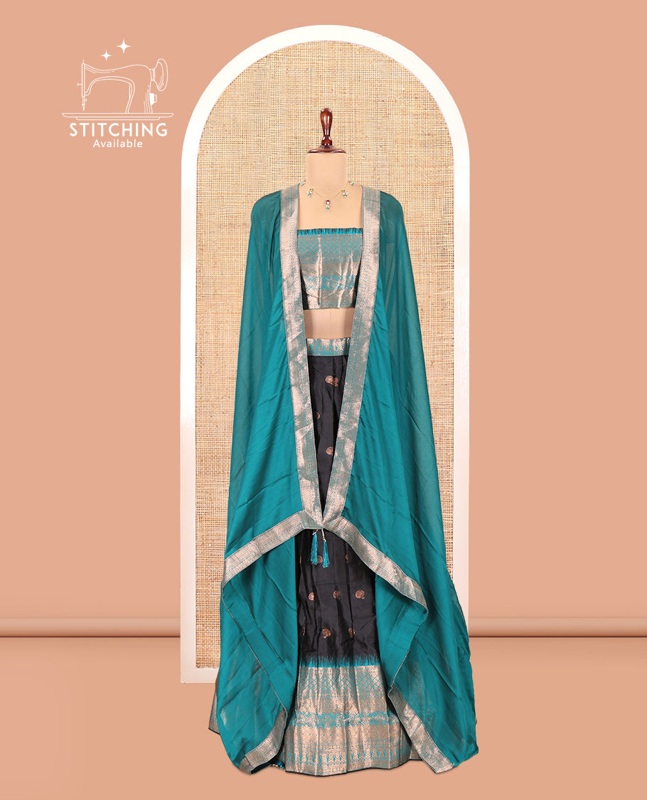 Black-Rama Green Semi-Silk Half-Saree Features Zari Buttas Skirt, Contrast Traditional Zari Border, a Matching Blouse, a Contrast Blouse