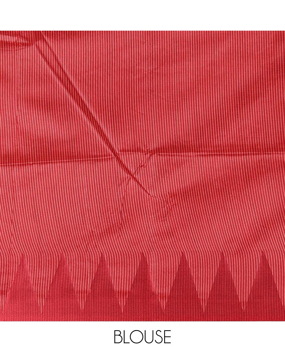 Orange sparsely striped semi-tussar saree, contrast temple red border, striped pallu, and contrast blouse