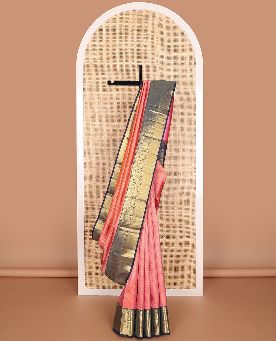 Pink geometric design silk saree with contrast border of manga, muthu, banaras, kuyil kann design & floral pallu