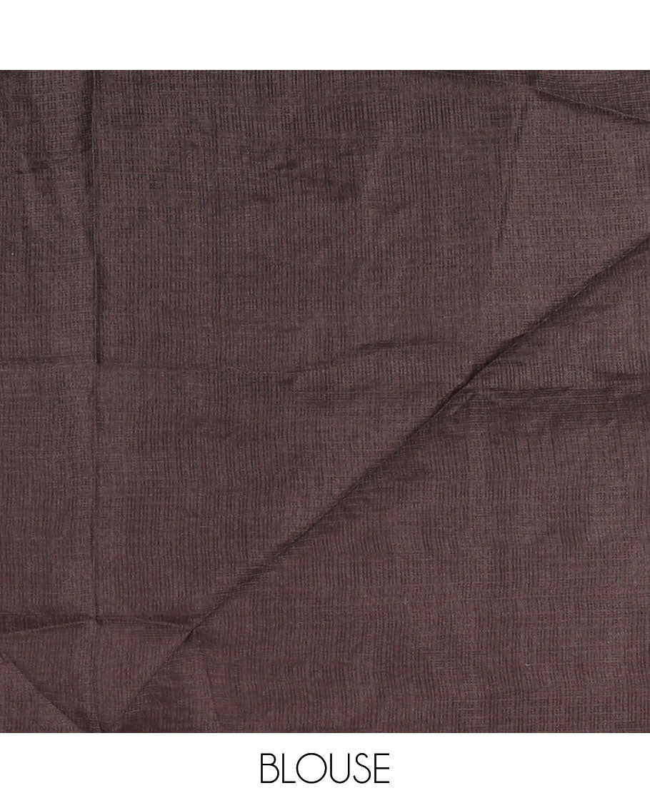 Peach-brown floral vine chickankari embroidered kota chex saree, lace border, floral vine chickankari embroidered pallu, and contrast plain blouse