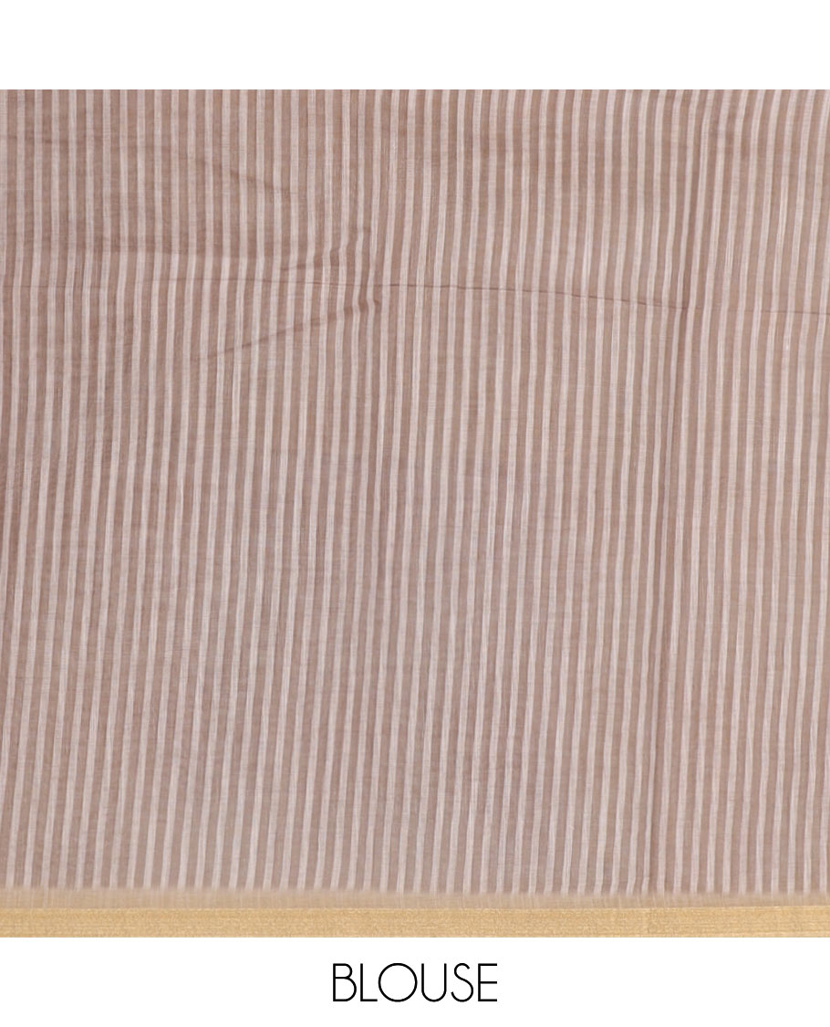 Cream plain & giraffe motifs printed linen cotton saree, zari piping border, giraffe printed pallu & vertical striped blouse