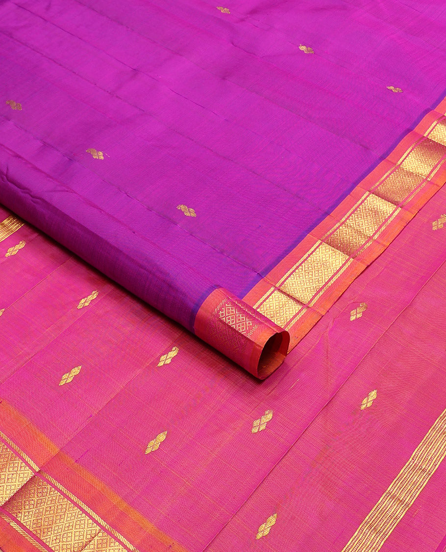 Purple floral buttas kancheepuram silk saree with contrast border of zari design border & floral design pallu