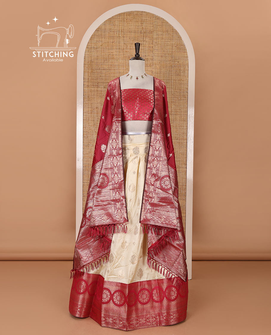 Cream-rani pink semi-banaras half-saree, zari buttas & contrast traditional zari border skirt, jacquard blouse & intricately zari woven dhavani