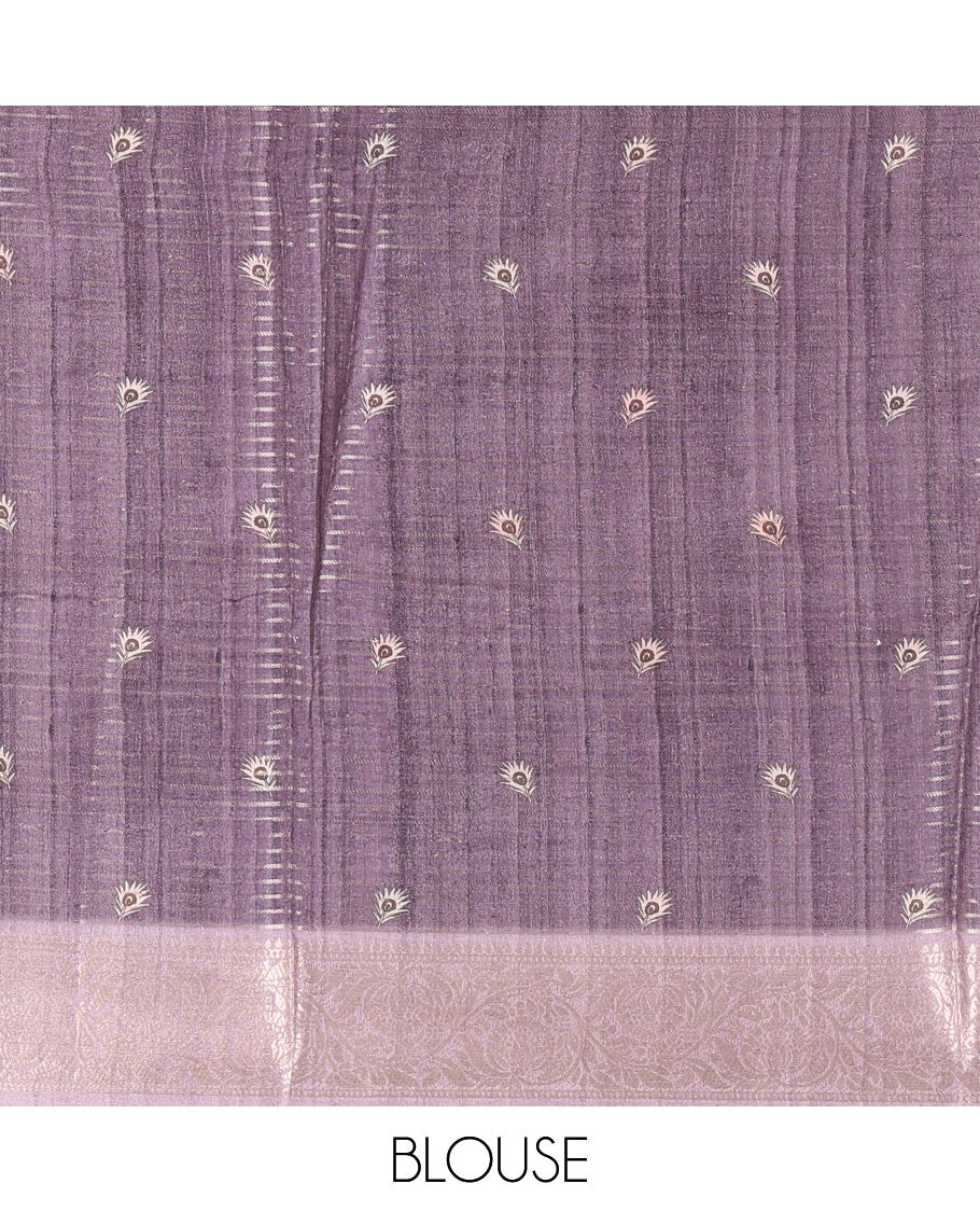 Pink tri-ombre colored zari stripes, and floral vine printed semi-tussar saree, contrast floral creeper zari border, kalamkari peacock printed pallu, and a contrast blouse of zari work and print