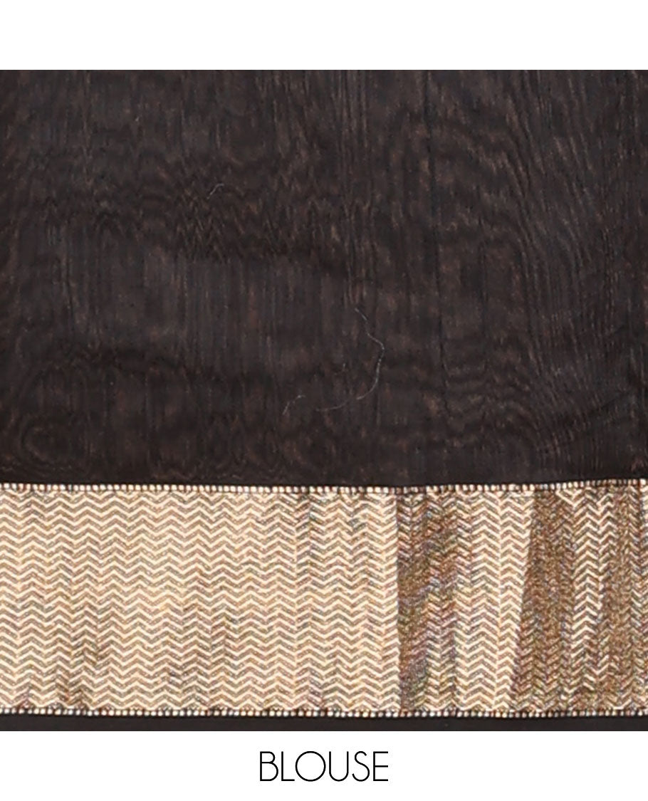 Grey floral motifs maheswari cotton saree with contrast zari border & striped, floral design pallu
