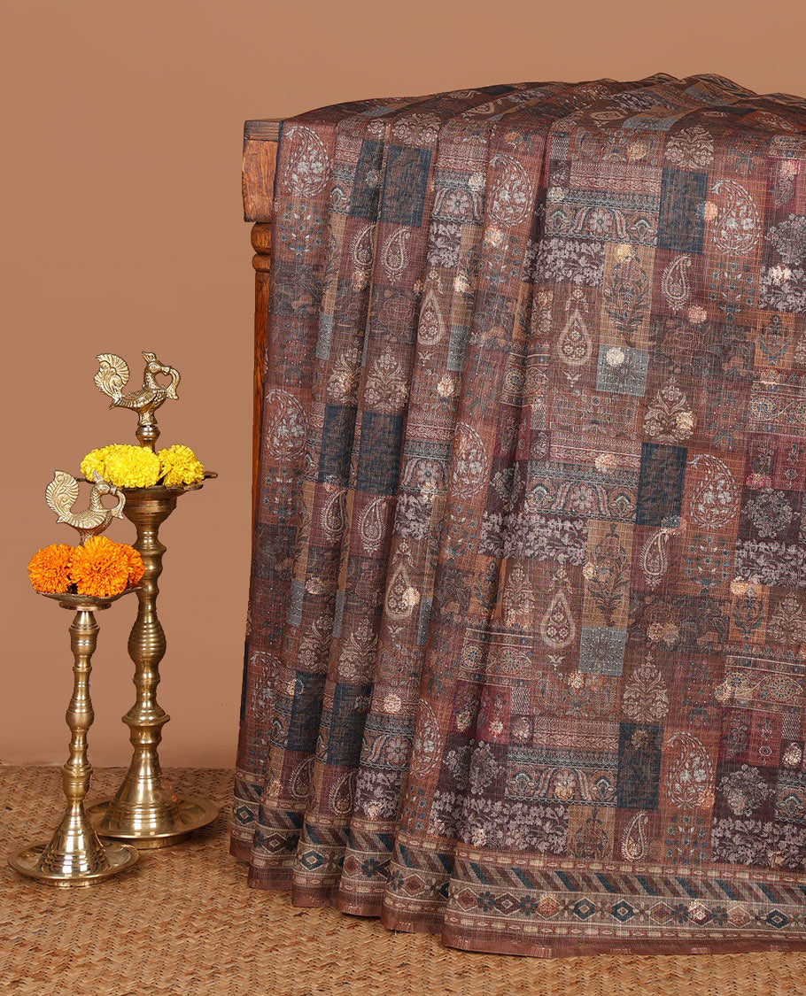 Brown butta digital printed jaipuri kota saree with printed border & printed pallu along with butta design printed blouse