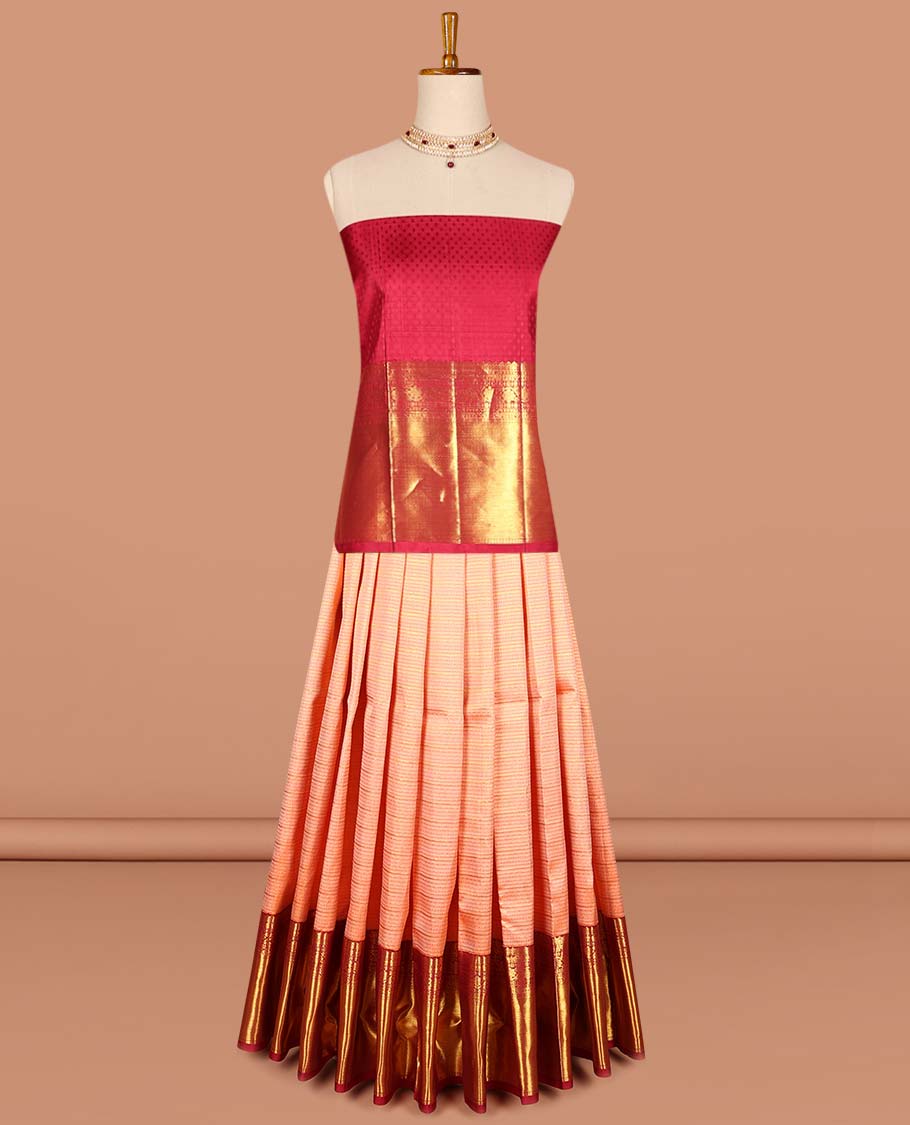 Peach floral striped design pure silk half saree with contrast zari design, zari design blouse & intricate floral design dhavani