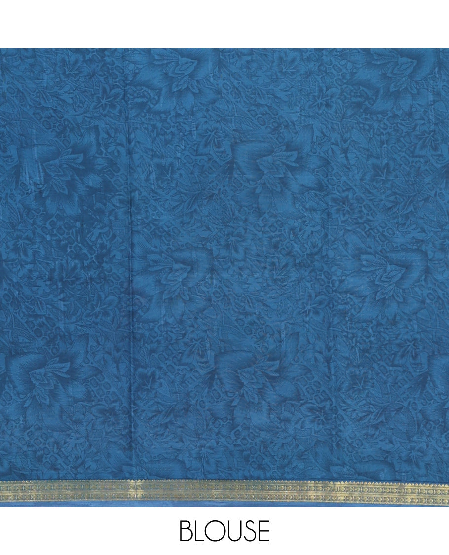 Blue Printed Silk Saree, Graced with Floral Print, a Traditional Zari Border, Floral Pallu, and a Matching Blouse