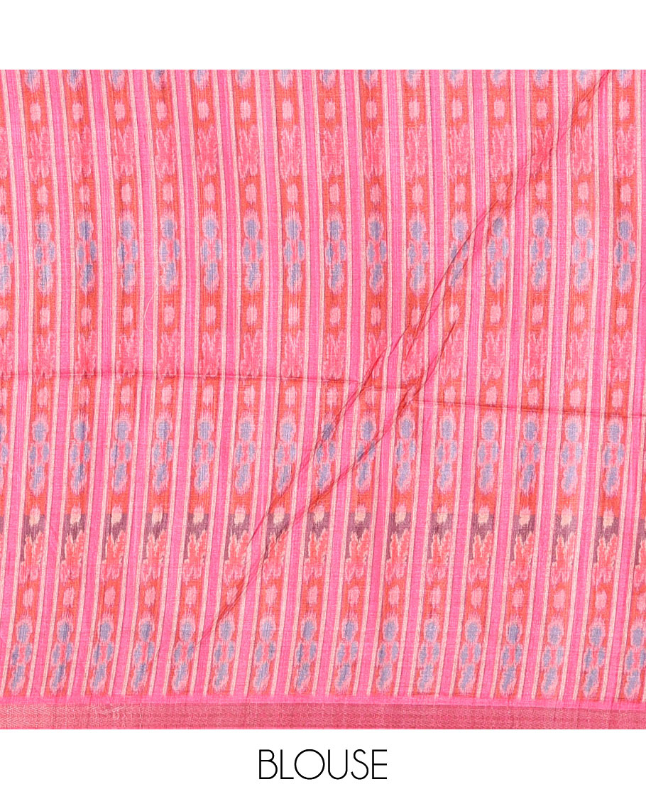 Chikku and pink Radha motifs printed katan silk saree, contrast temple border, ikkat motifs woven pallu, and contrast printed pallu