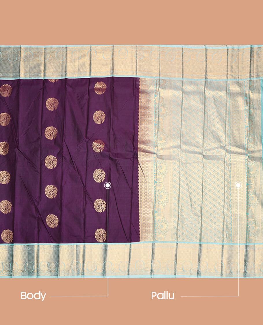 Violet Budget Silk Saree, Enthralled with Zari Buttas, Contrast Traditional Zari Border, Intricately Designed Pallu, and a Contrast Blouse