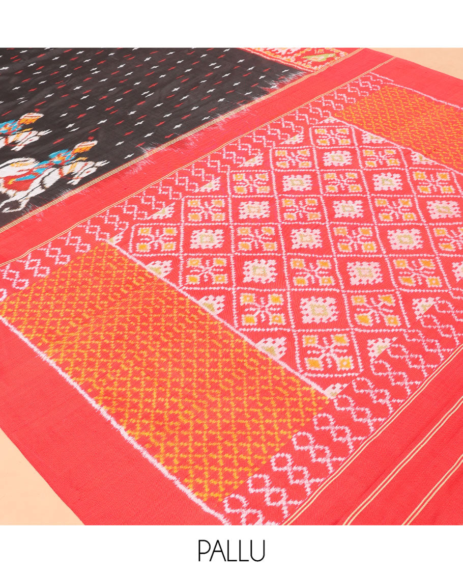 Black Pochampally Ikat Saree, Adorned with Buttas and Horse Rider Ikat Weave, a Contrast Ikat Animal Weave Border, Jaal Pallu, and a Contrast Blouse