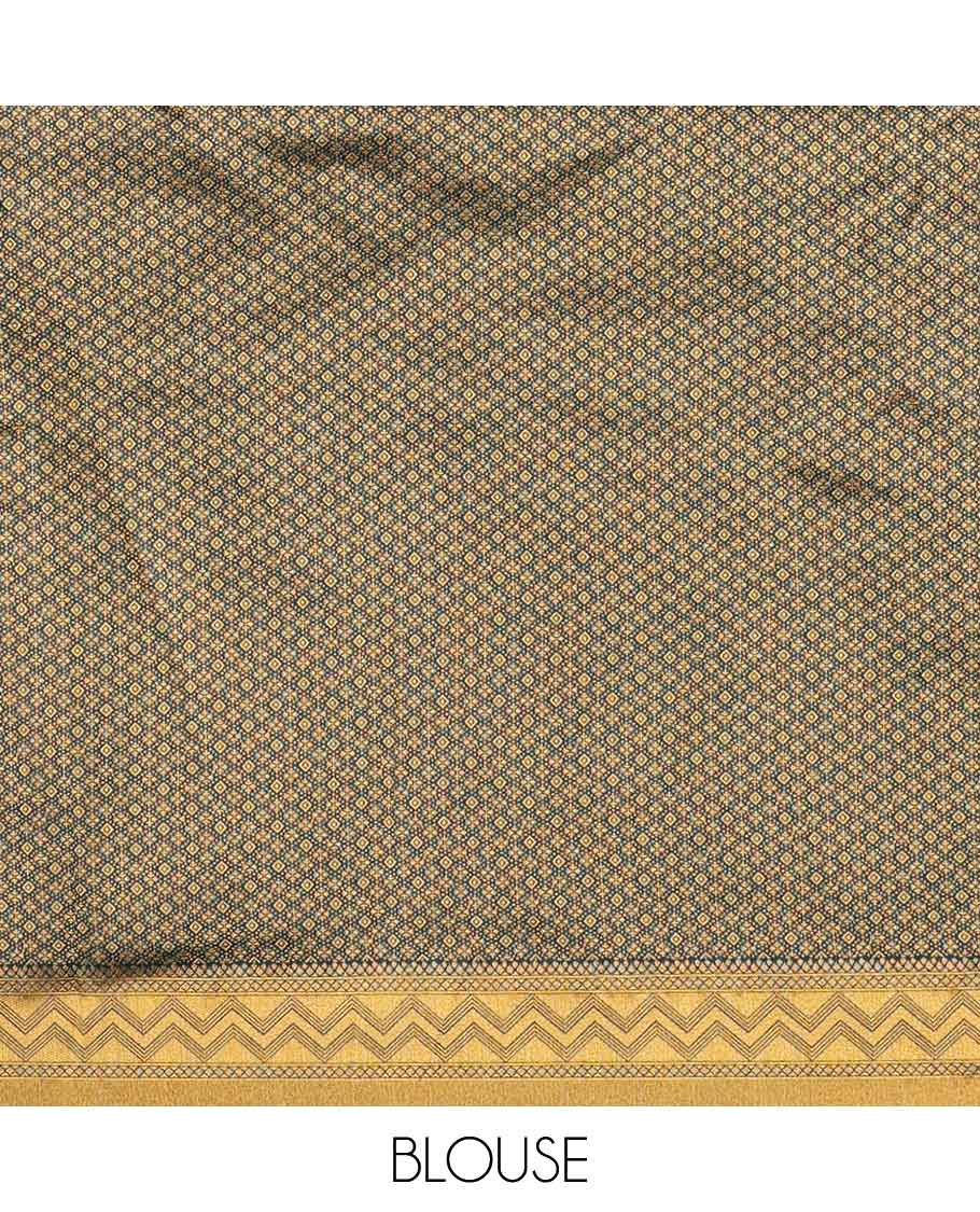 Brown half saree with self zig zag striped border, zari design blouse & floral zari design dhavani