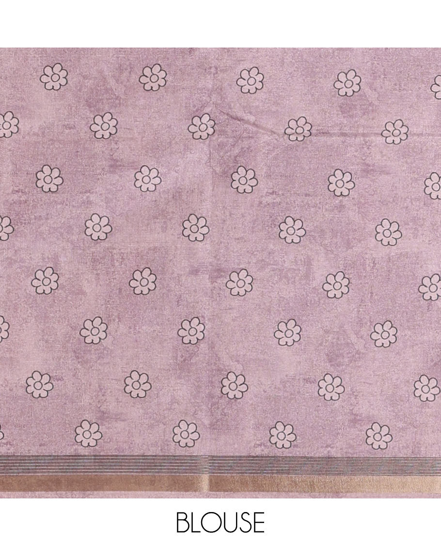 Light violet kalamkari style floral vine printed semi-tussar saree, gold zari piping border, printed pallu, and matching printed blouse