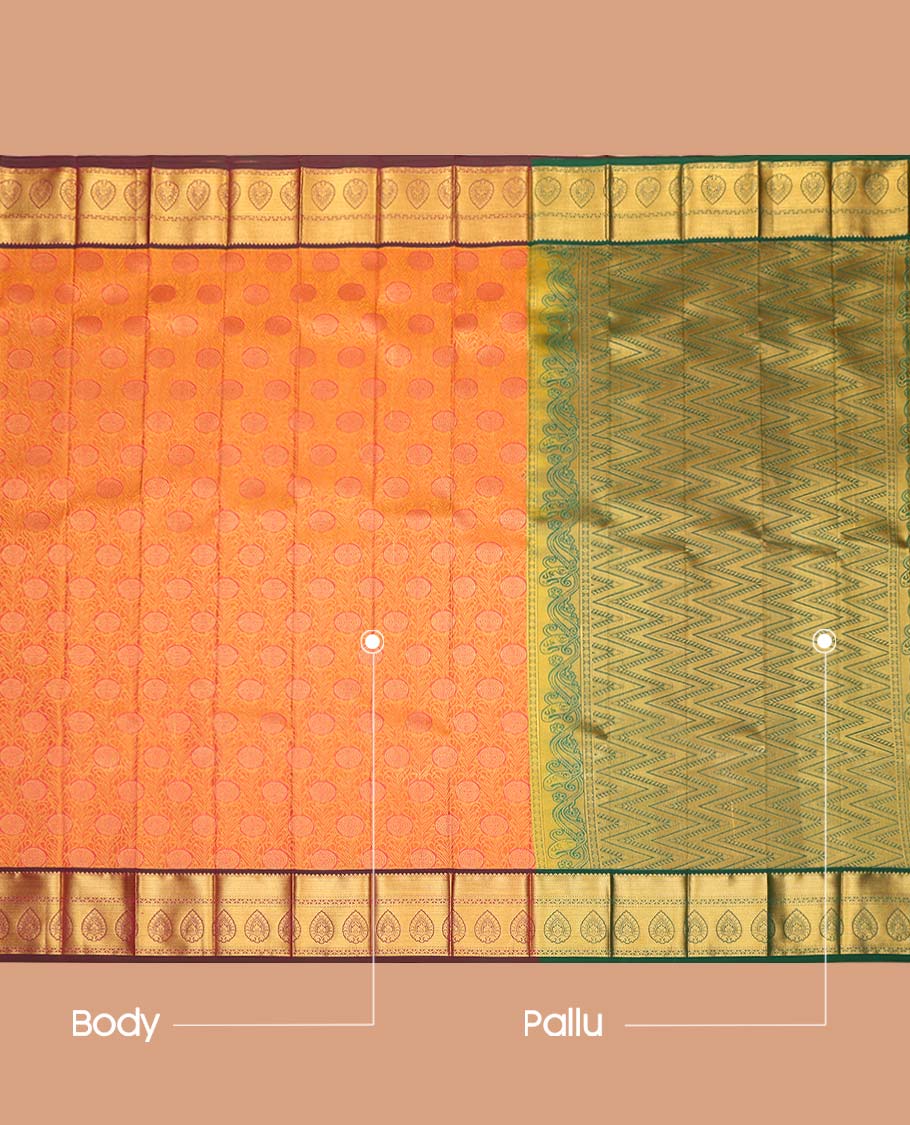 Orange Budget Silk Saree, Decked Up with Jacquard Design, Complemented by Contrast Traditional Zari Border, a Geomentric Pallu and a Contrast Blouse