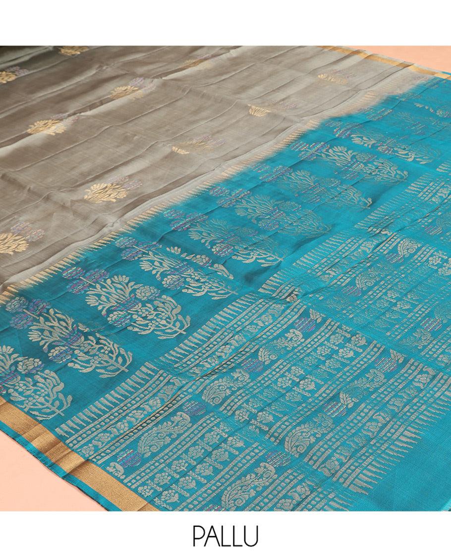 Grey Mayuri Lite Silk Mix Saree, Subtly Sparkled with Meena Buttas, a Subtle Zari Border, Contrast Intricate Pallu, and a Contrast Blouse