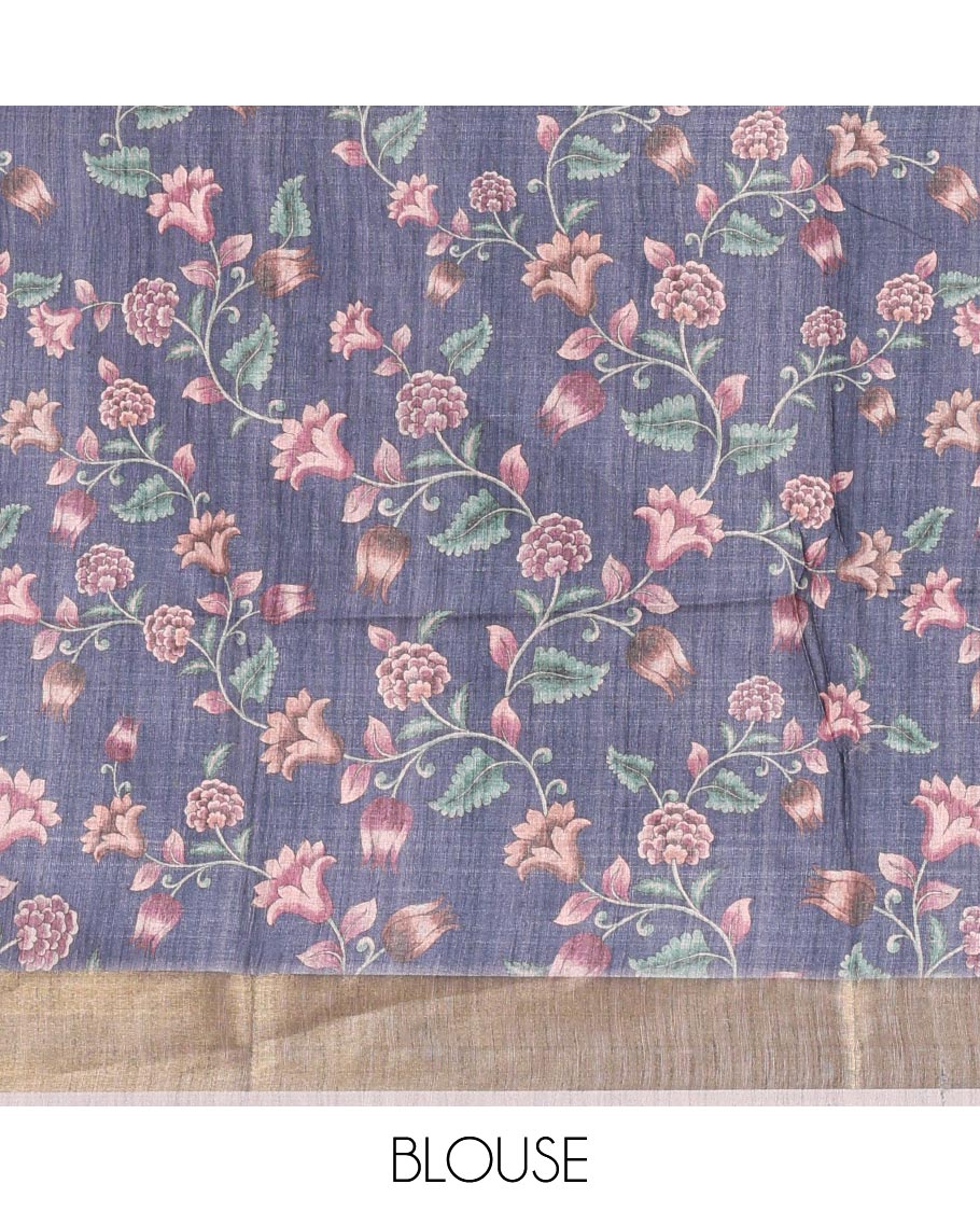 Grey vertical stripes printed hand-brush dyed Katan silk saree, gold zari bavanji border, Madhubani-style human figurines printed pallu, and floral printed blouse