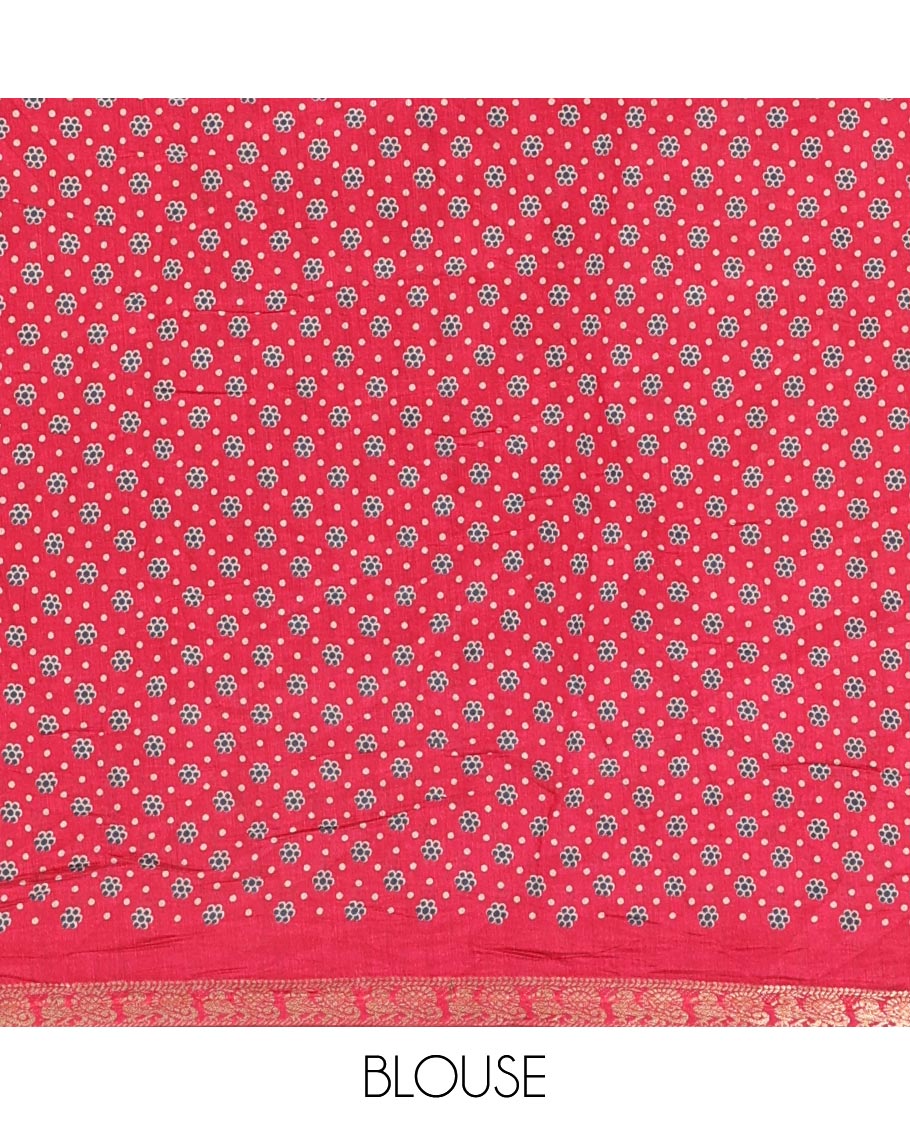 Blue shibori printed muslin cotton saree, contrast zari border of elephant motifs print, big elephant printed pallu, and a contrast printed blouse