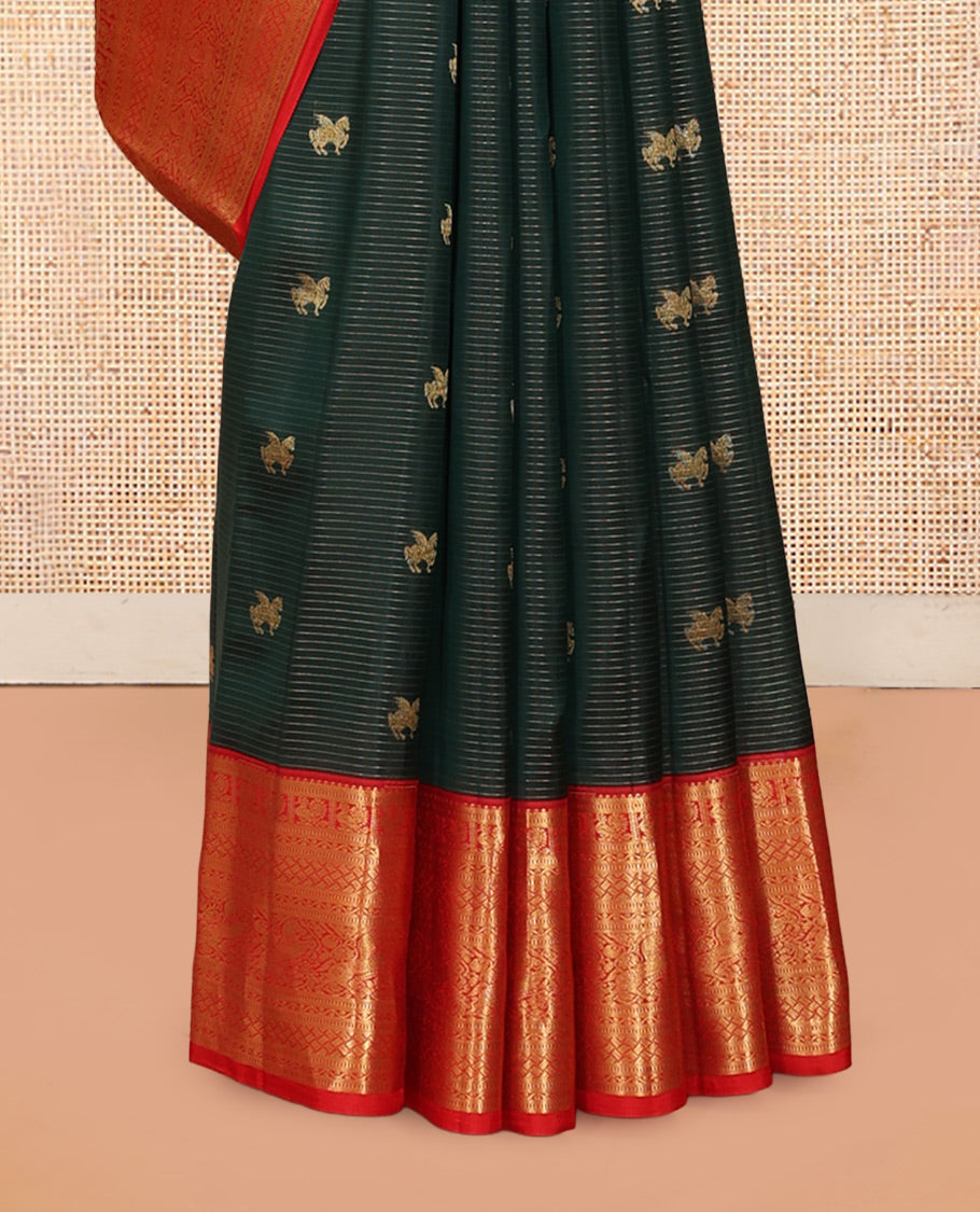 Green Kuthirai Buttas-Striped Vasundhara Lite Silk Mix Saree, a Contrast Mayil Border, Intricate Pallu, a Contrast Blouse
