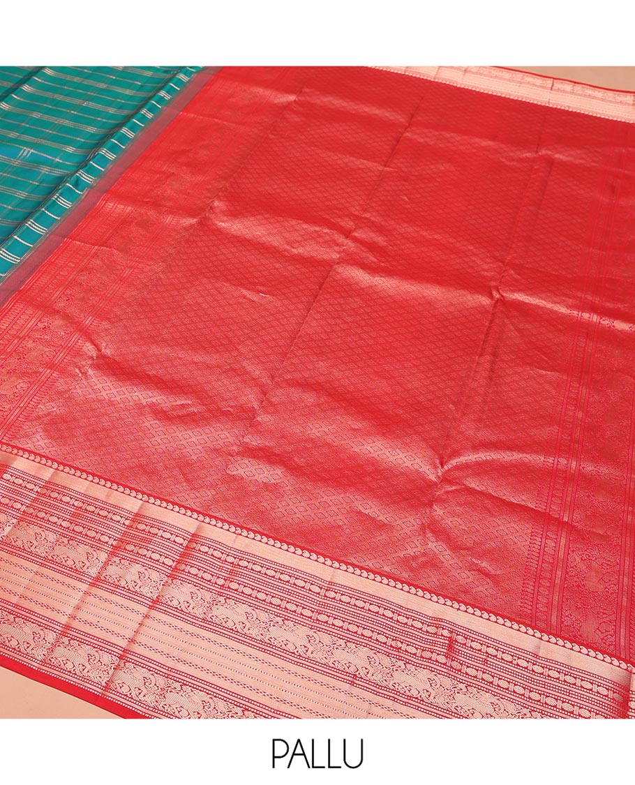Green Vasundhara Silk Saree, Enriched with Zari Checked Design on Its Body, Complemented by Contrast Border of Manga, Muthu, Rudraksham, and Yaali Designs, Grandly Woven Jaal Pallu, and Paired with a Contrast Blouse