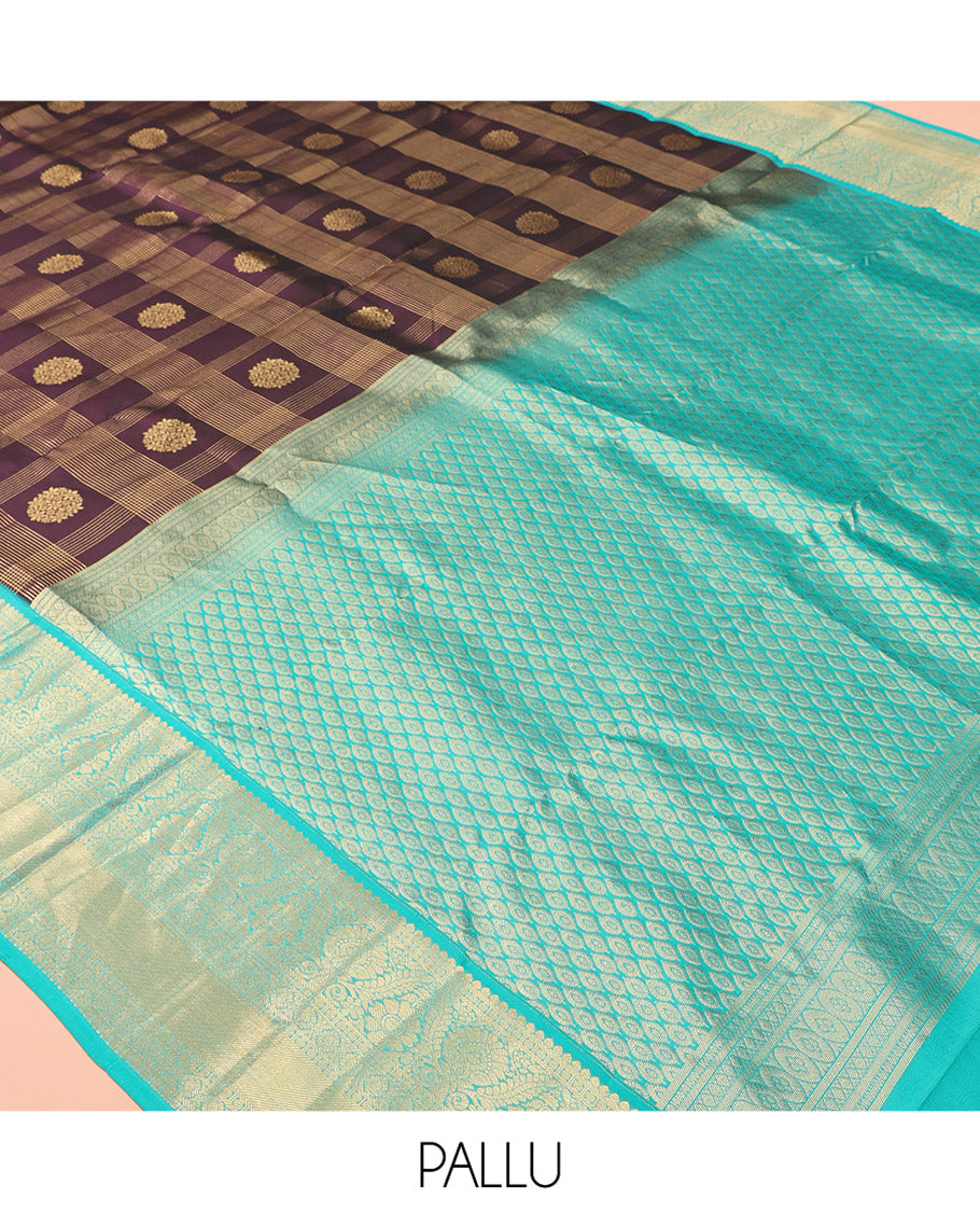 Brown Vasundhara Lite Silk Mix Saree, Decorated with Zari Buttas and Checks, a Contrast Traditional Zari Border, Grand Jaal Pallu, and a Contrast Blouse