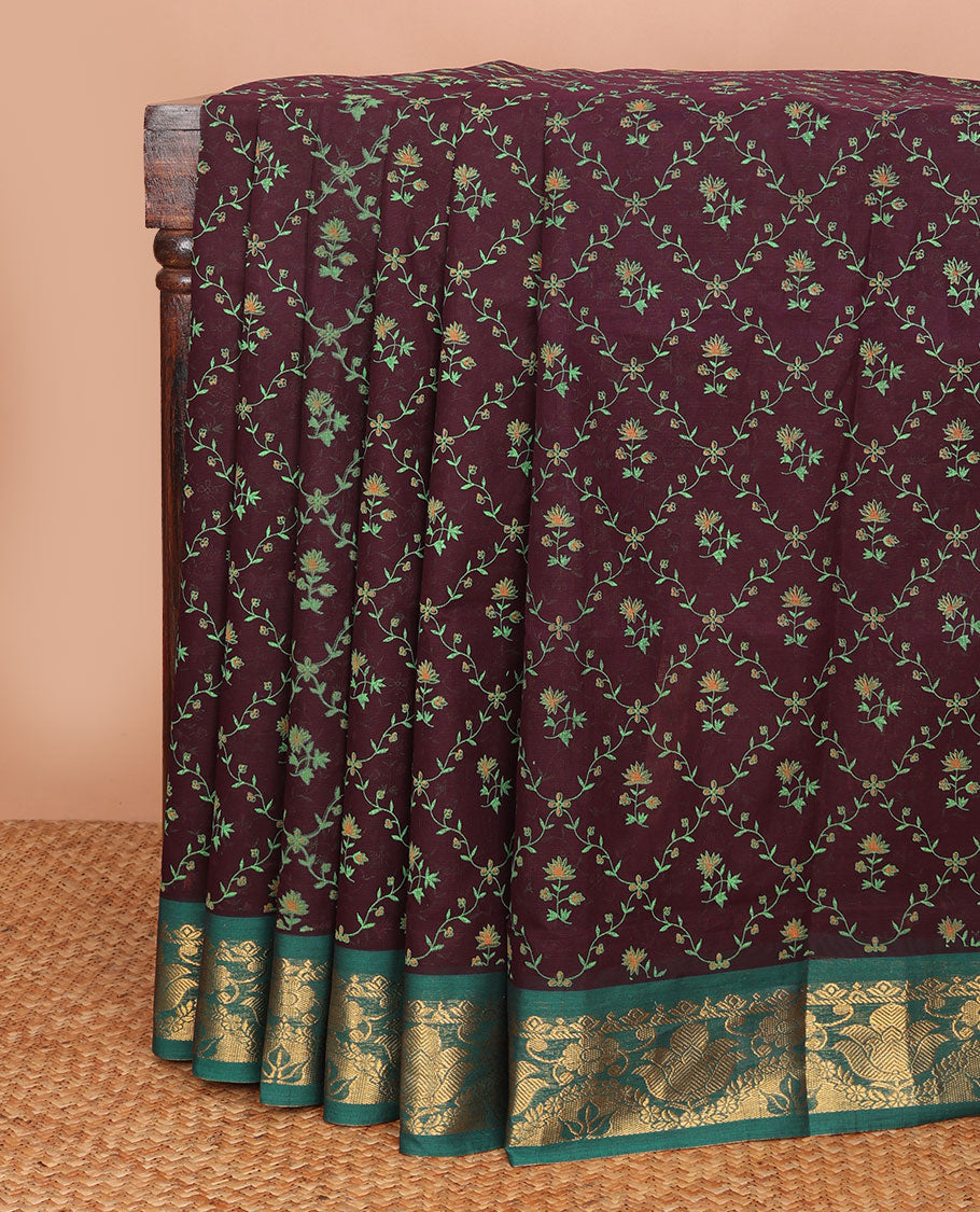 Dark maroon floral jaal printed Andhra cotton saree, contrast traditional zari motif border & zari pallu of paisleys