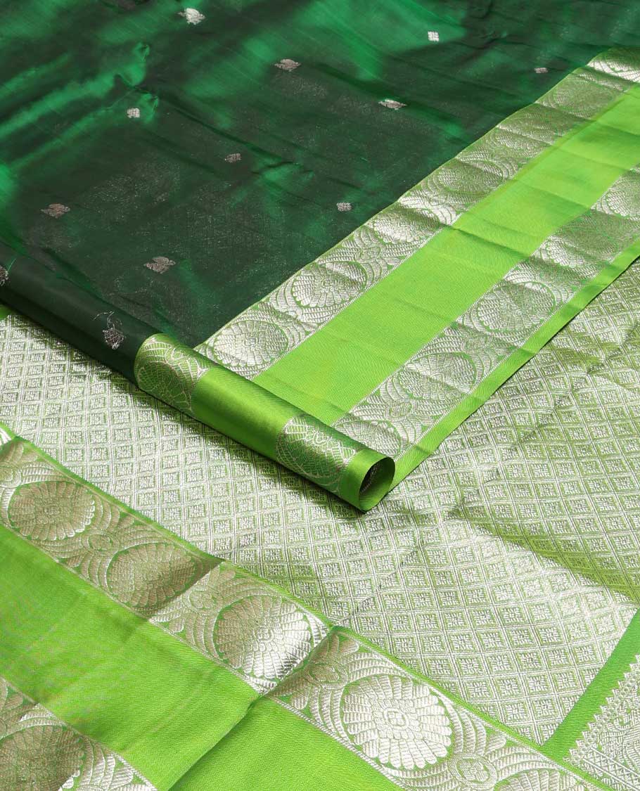 Dark green motifs venkatagiri silk saree with contrast rettai pettu zari design border & argyle design pallu