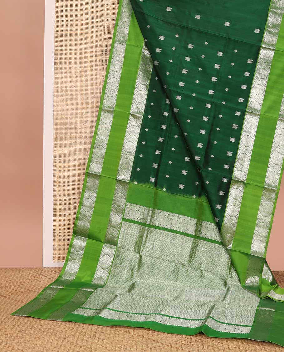 Dark green motifs venkatagiri silk saree with contrast rettai pettu zari design border & argyle design pallu
