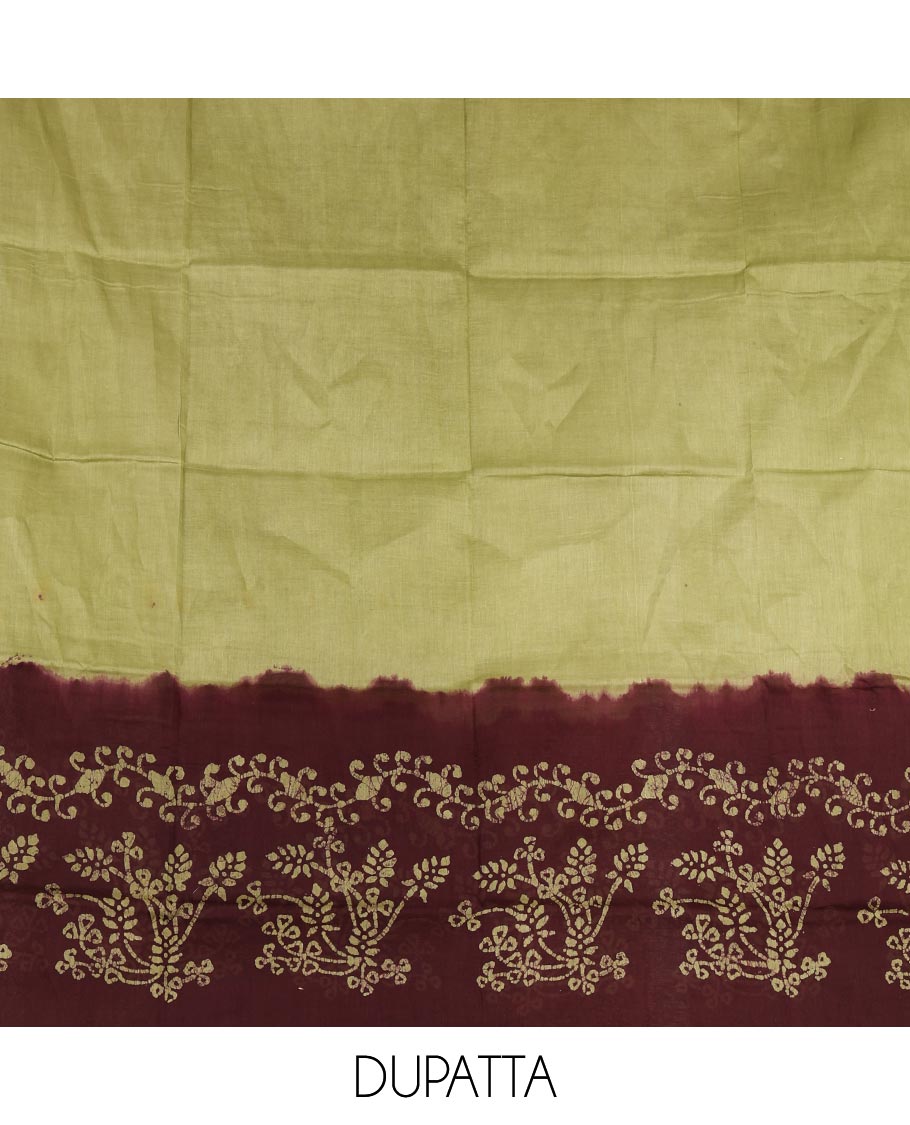 Brown cotton material chudidar set, batik style floral printed top, contrast plain bottom, and dupatta of floral batik print