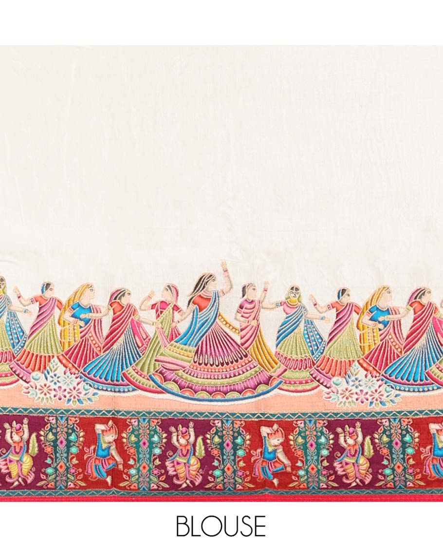 White Dola Silk Saree, Creatively Printed with Human Figurines on Its Body, Complemented by a Contrast Human Figurines Border, Pallu Depicts Colorful Human Figurines, and Paired with a Matching Blouse