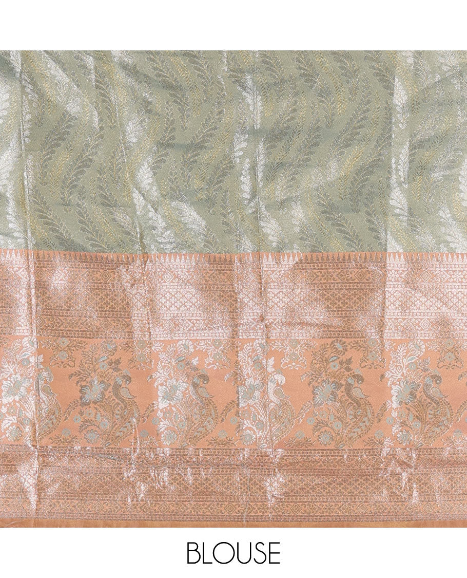 Pista-peach banaras tissue half saree, jacquard with contrast traditional zari bordered skirt, matching blouse, and Vichitra silk embroidered dhavani