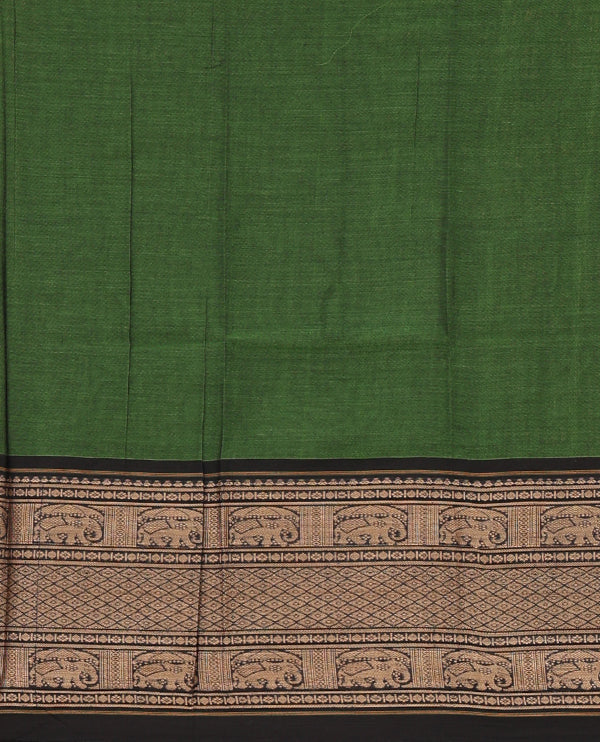 Leaf green with black cotton half saree with contrast elephant design border,elephant design blouse & zari design border dhavani