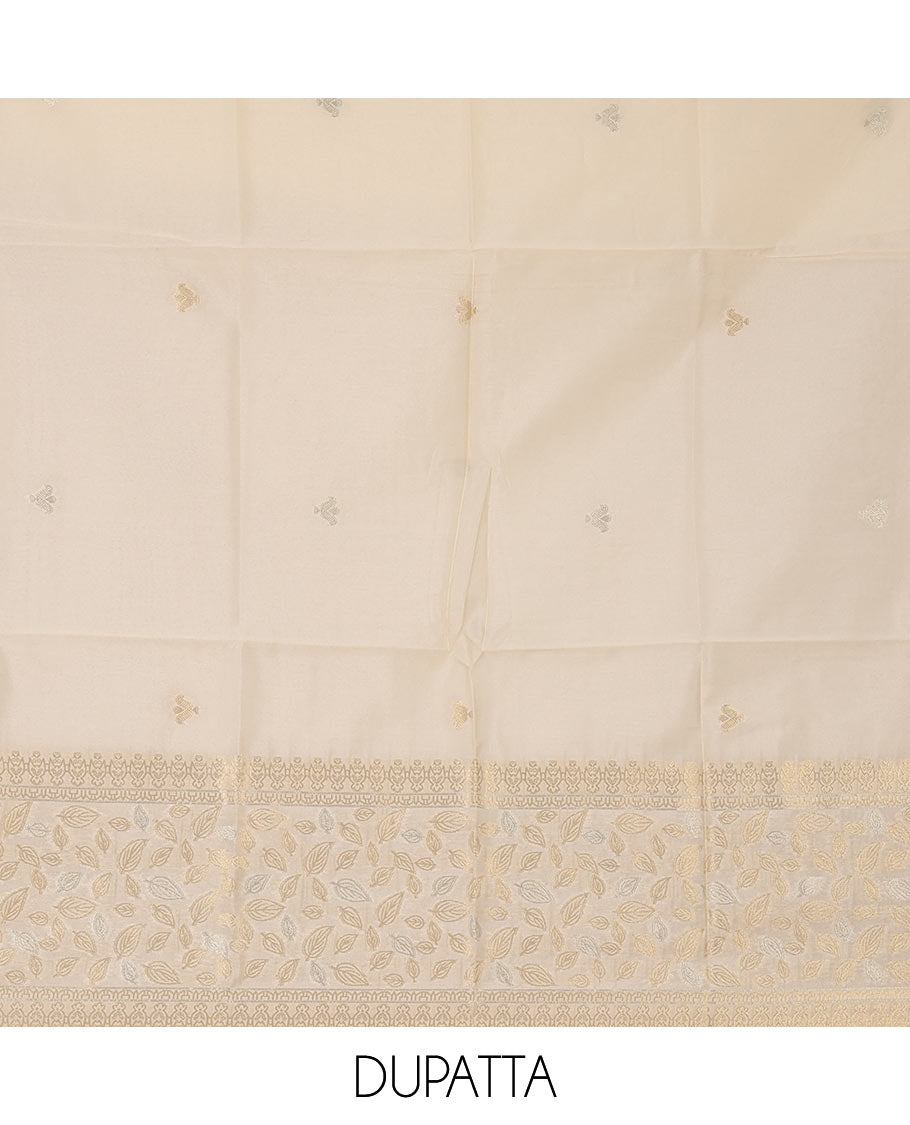 Kerala cream chudidar material, zari buttas & leaf motif taffeta silk top, plain cream santoon bottom & leaf zari designs dupatta
