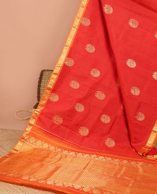 Orange tree buttas kancheepuram silk saree with contrast border of rekku, kodi visiry design & zari design pallu