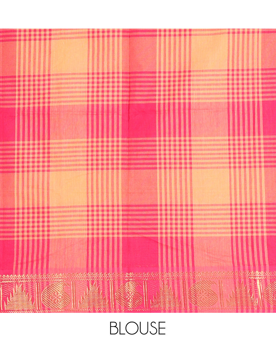 Multi-Color Checked Chettinad Cotton Half-Saree Features a Temple-Paisley Border, Matching Blouse, Contrast Dhavani